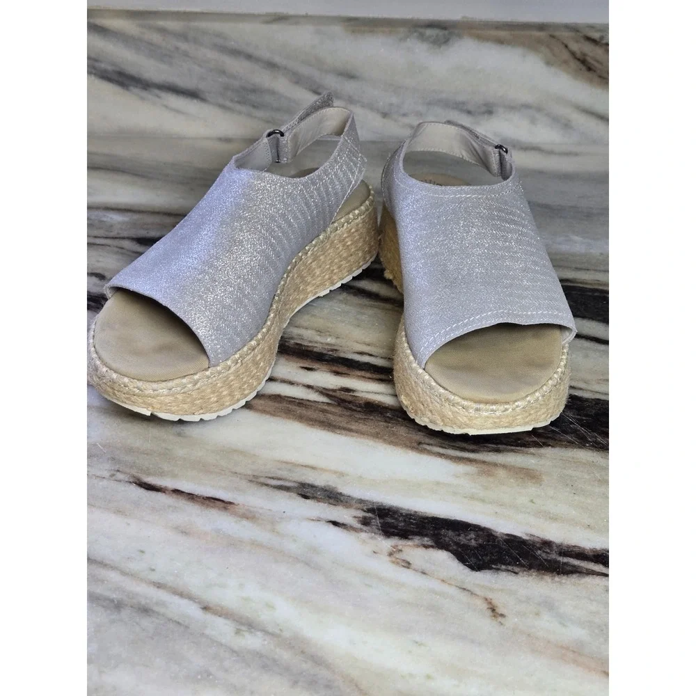 OTBT Marisol Silver Metallic Platform Espadrille Wedge Sandals Womens 8.5 M